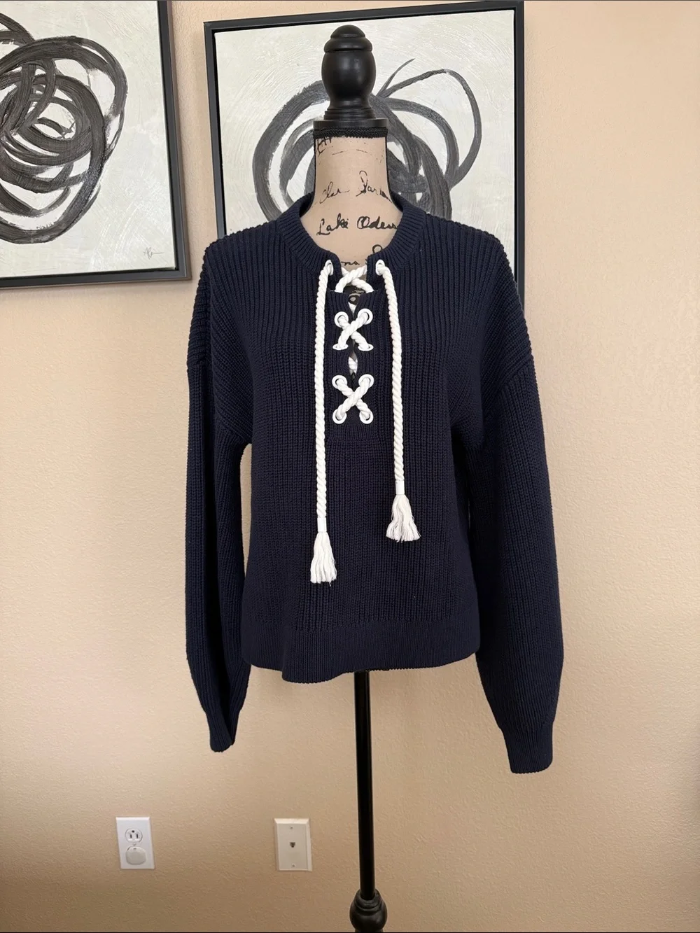 Women's Navy Lace-Up Knit Sweater with White Rope Drawcords
